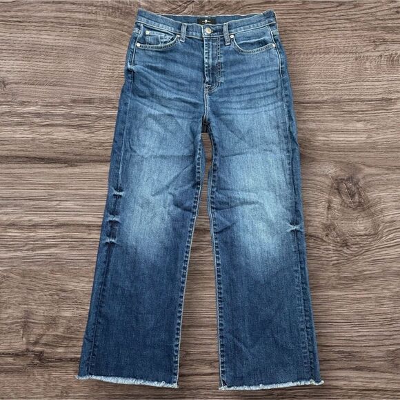 7 For All Mankind Cropped Alexa Blue Flare Jeans with Distressed Hem - Picture 1 of 10